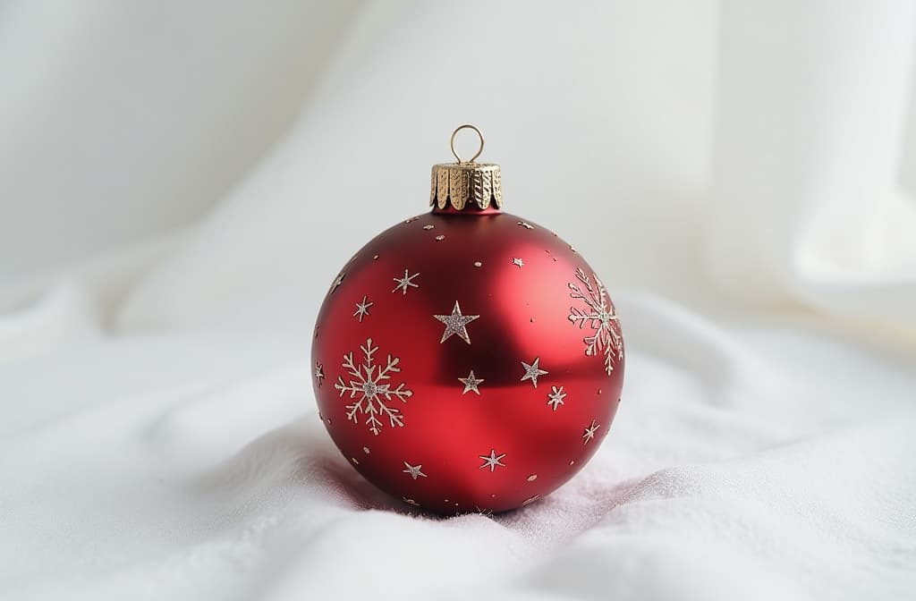  professional detailed photography, christmas red ball on white background ar 3:2, (muted colors, dim colors, soothing tones), (vsco:0.3)