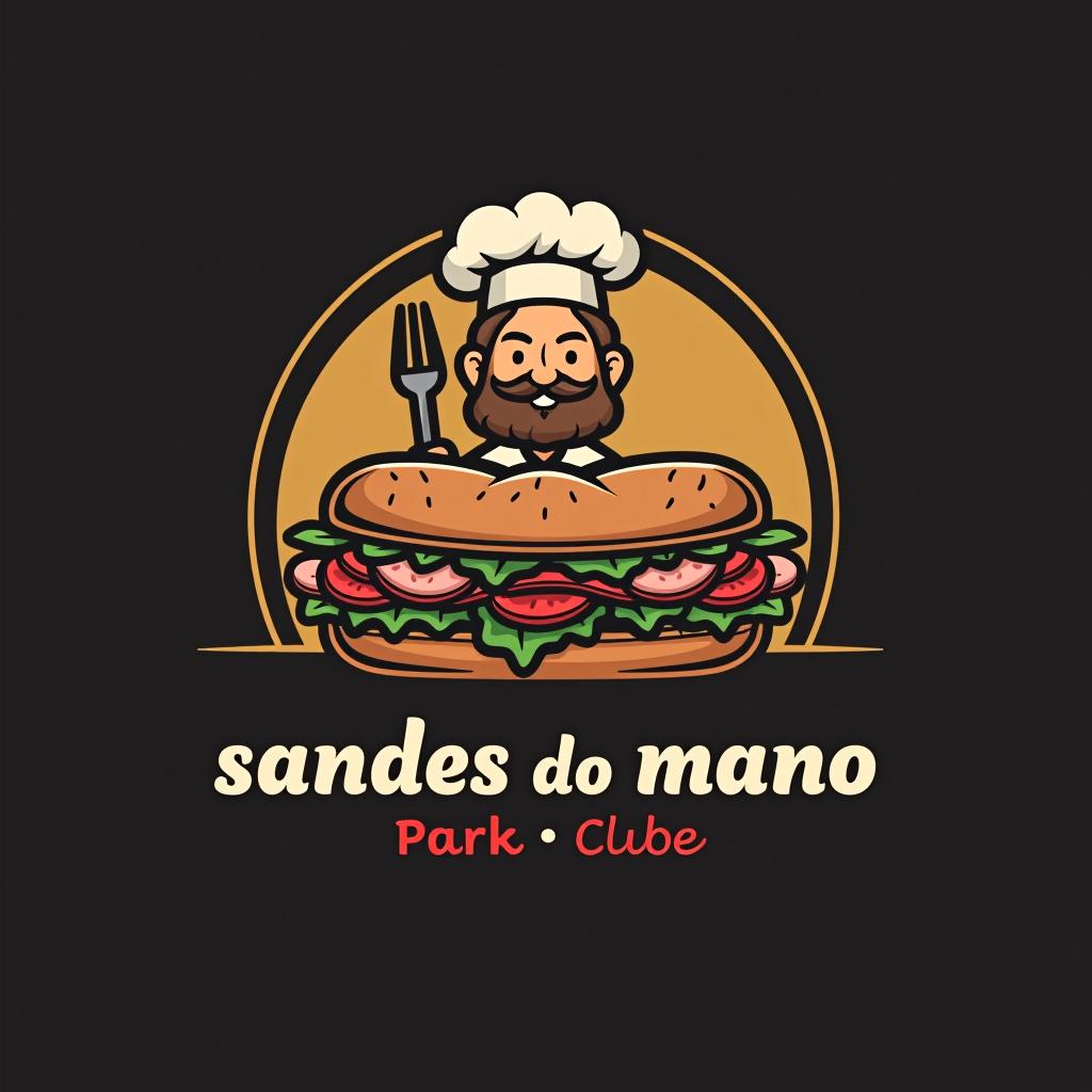  design a logo, in a threedrender style. sandwich of pork , called « sandes do mano » with a chef bouncer gold background , with the text 'sandes do mano'.