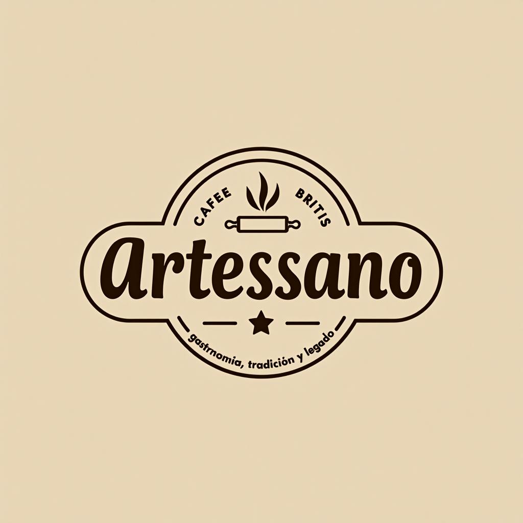  design a logo, marca “artessano” agregar elemento de repostería como rolling pin colores claros tonos cafés minimalista, simple y elegante, with the text 'gastronomía, tradición y legado'.