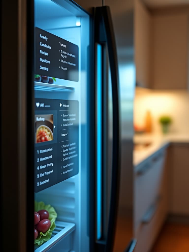  high quality portrait photo of a close up of a smart refrigerator display showing inventory, recipes, and a meal planner, with a softly lit kitchen in the background hyperrealistic, full body, detailed clothing, highly detailed, cinematic lighting, stunningly beautiful, intricate, sharp focus, f/1. 8, 85mm, (centered image composition), (professionally color graded), ((bright soft diffused light)), volumetric fog, trending on instagram, trending on tumblr, HDR 4K, 8K