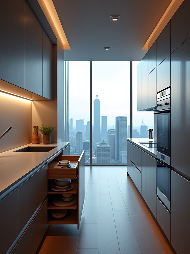  high quality portrait photo of a sleek, minimalist kitchen with hidden pull out pantry shelves, showcasing efficient use of space in a modern design, soft ambient lighting, and a panoramic view of a cityscape through floor to ceiling windows hyperrealistic, full body, detailed clothing, highly detailed, cinematic lighting, stunningly beautiful, intricate, sharp focus, f/1. 8, 85mm, (centered image composition), (professionally color graded), ((bright soft diffused light)), volumetric fog, trending on instagram, trending on tumblr, HDR 4K, 8K