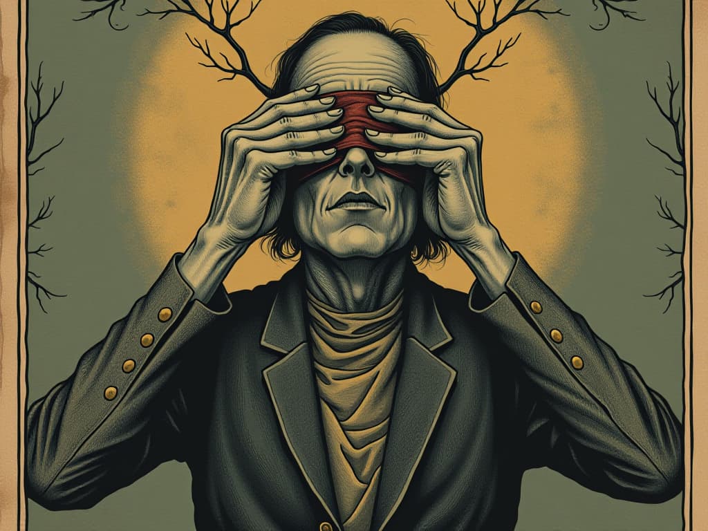  blindfolded figure, hands trying to keep the blindfold in place, perpetual doubt. an illustration in the style of a worn, mystical old tarot trump card, mysterious and elements of surrealism. the colors are muted, somber and eerie, but with contrast bring out an occult and esoteric vibe.