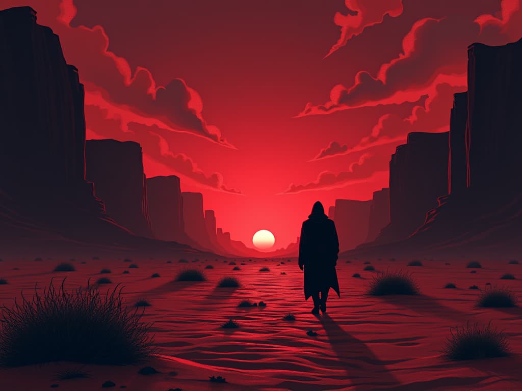  desert landscape, mirage of an oasis disappearing, symbolizing vanishing opportunities. the style is digital art illustration / modern comic book / graphic dark novel fantasy and mysterious occult, symbolic, moody lighting, esoteric vibe,high detail on character design. for the color scheme emphasize blacks and reds.