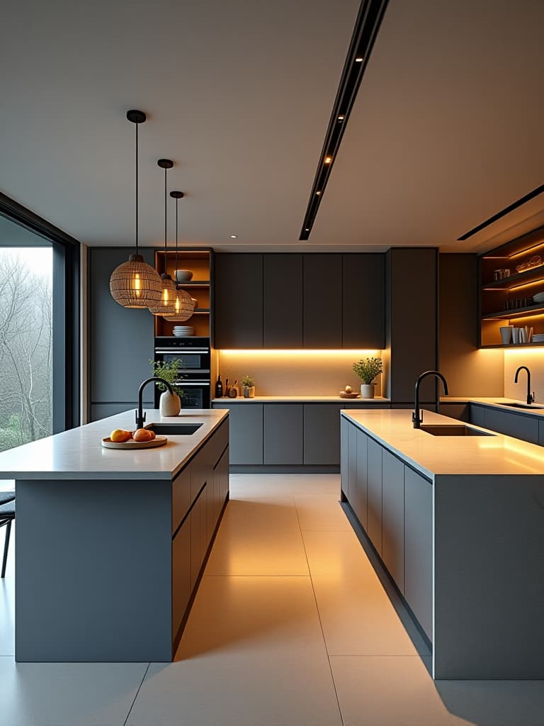  high quality portrait photo of an open concept contemporary kitchen with a seamless transition to the dining area, featuring a long quartz countertop, floating shelves, and matte black fixtures hyperrealistic, full body, detailed clothing, highly detailed, cinematic lighting, stunningly beautiful, intricate, sharp focus, f/1. 8, 85mm, (centered image composition), (professionally color graded), ((bright soft diffused light)), volumetric fog, trending on instagram, trending on tumblr, HDR 4K, 8K