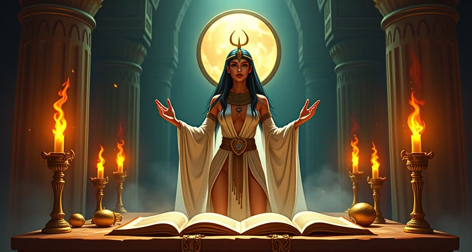  an ancient altar glittering with offerings, surrounded by open scrolls and glowing torches, a large busted priestess in sheer attire, radiating divine support.. the style is digital art illustration / modern comic book / mysterious occult, symbolic, esoteric vibe,high detail on character design, incorporating ancient egyptian symbology and attire.