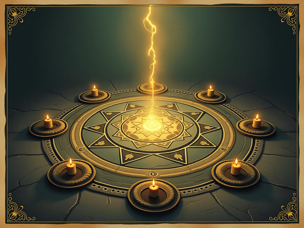  ritual circle, sacred insignia glowing on the ground, beckoning aura, otherworldly, divine patterns interwoven, significance in the layout, sacred, empowering, transcendent. an illustration in the style of a worn, mystical old tarot trump card, mysterious and elements of surrealism. the colors are muted, somber and eerie, but with contrast bring out an occult and esoteric vibe.