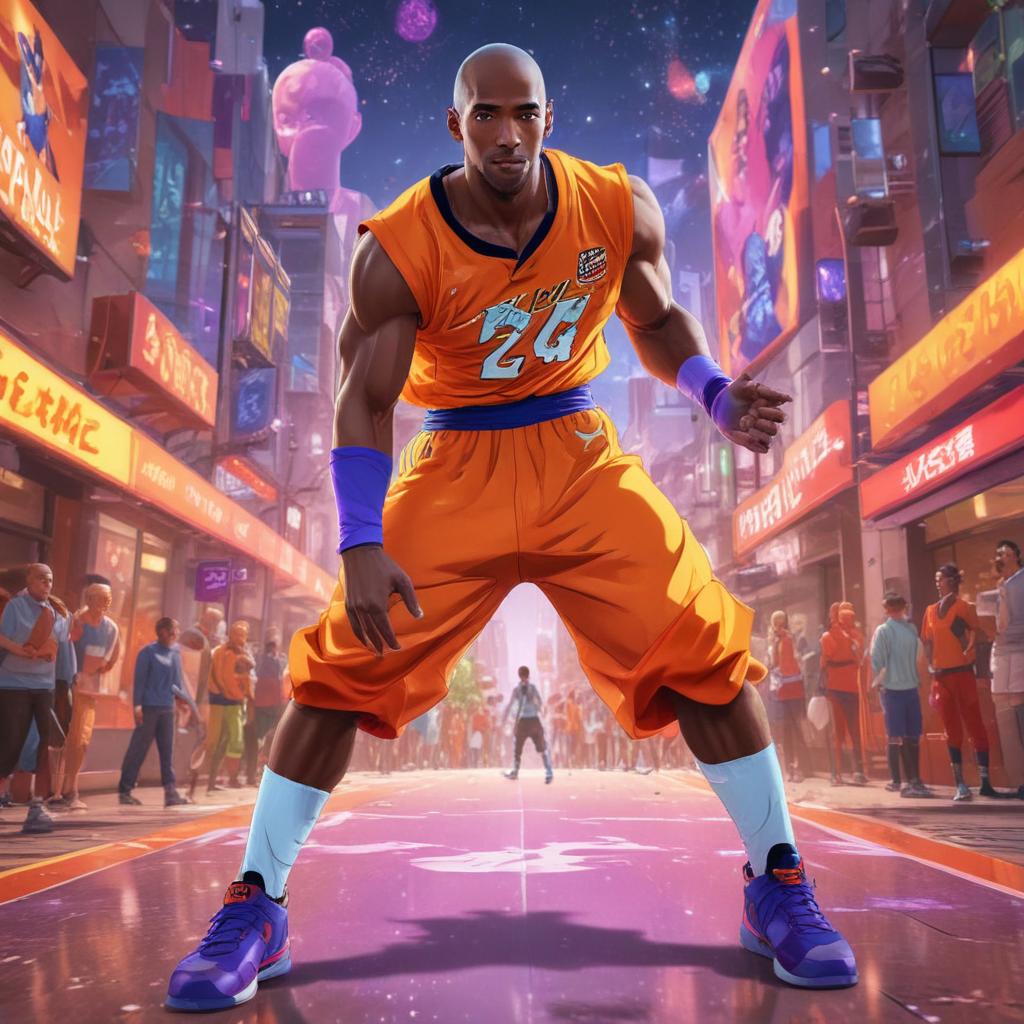 distance-shot, flashy, full-body, dynamic, holographic, animated cartoon poster of kobe scene in the style of dragon ball super