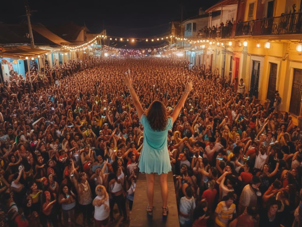 An image of Elba Ramalho performing on stage, surrounded by colorful lights and a cheering crowd at the São João festival in João Pessoa. The vibrant atmosphere captures the essence of the traditional Brazilian celebration., drone photography, wide-angle, ultra-detailed, 4k