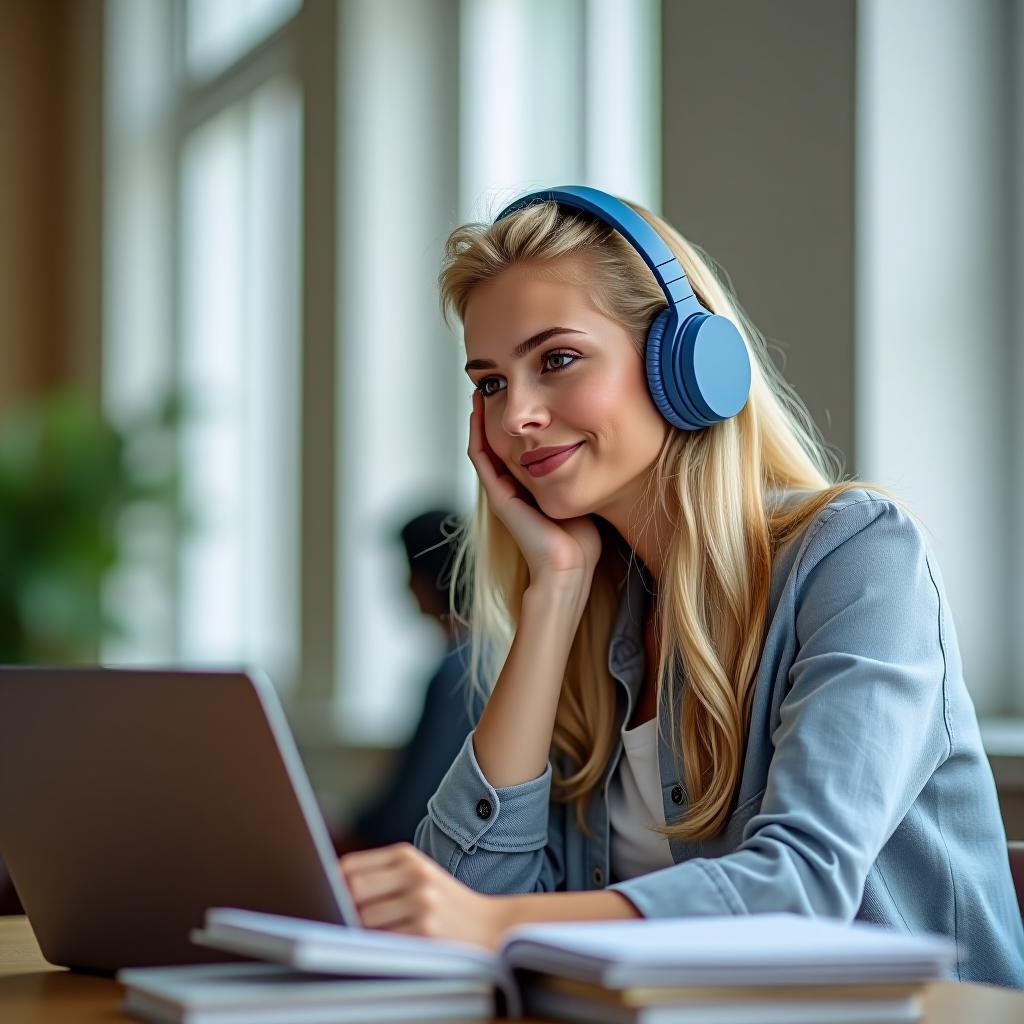  make an image of a blonde woman studying with headphones wearing blue