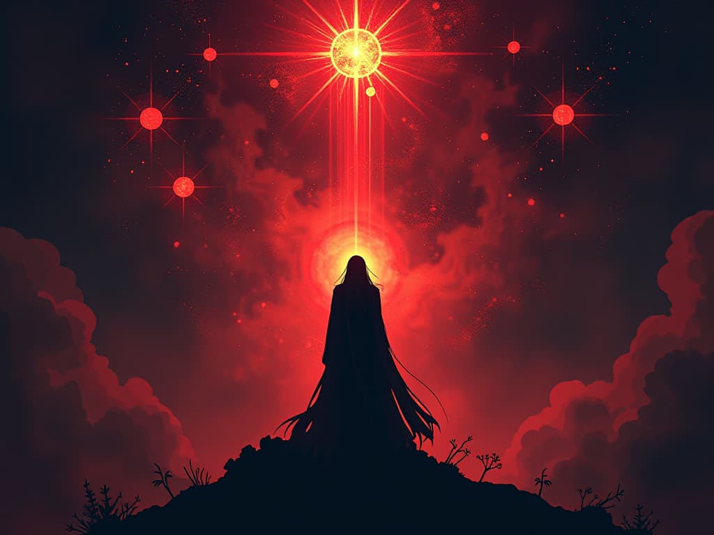  celestial orbs floating above, guiding light, universe's gentle guidance. the style is digital art illustration / modern comic book / graphic dark novel fantasy and mysterious occult, symbolic, moody lighting, esoteric vibe,high detail on character design. for the color scheme emphasize blacks and reds.