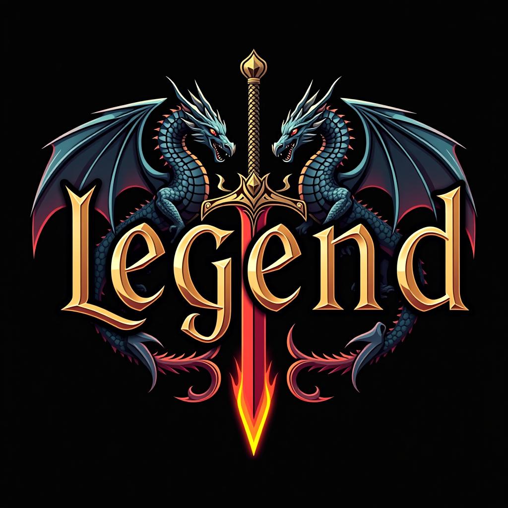  logo, custom sticker design on an isolated black background with the words ‘legend’ in bold font decorated by mythical dragons and a flaming sword