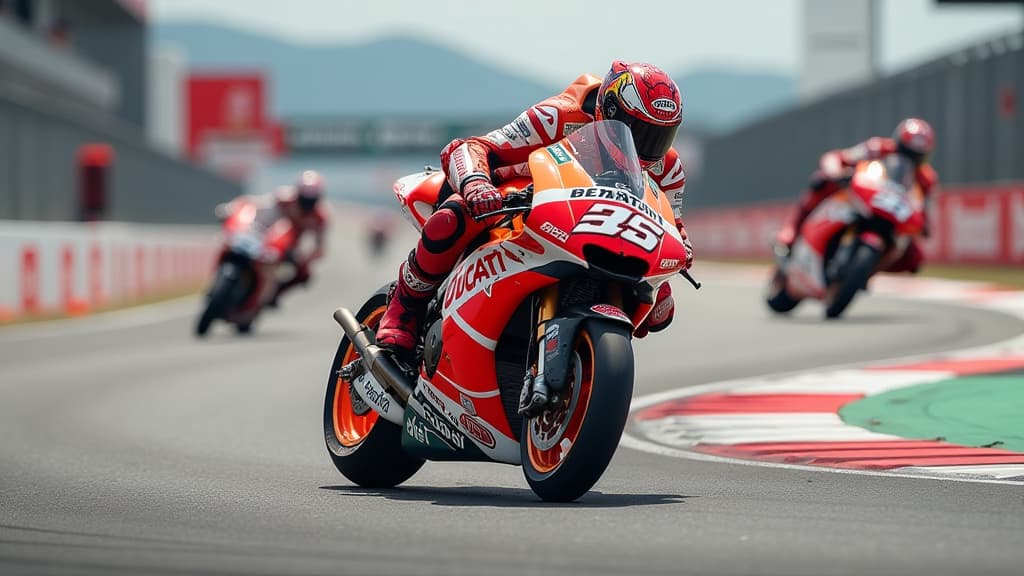  generate an image showcasing marc marquez's comeback at the misano motogp race. capture the intensity as he races for ducati and pushes his limits. feature marquez in his racing gear on the track, exuding determination and focus. include elements like ducati branding, race flags, and a dramatic crash scene from qualifying. highlight his resilience and growth through victories. create a dynamic composition with vibrant colors, emphasizing the thrill of motor racing. convey marquez's pursuit of im