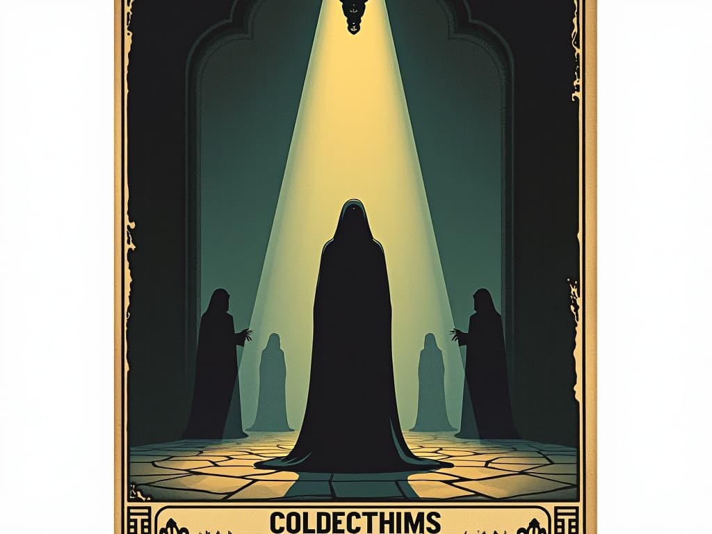  a figure standing alone under a cold spotlight, shadowy figures in the background, eyes averting, depicting indifference, cold atmosphere, tense, isolation. an illustration in the style of a worn, mystical old tarot trump card, mysterious and elements of surrealism. the colors are muted, somber and eerie, but with contrast bring out an occult and esoteric vibe.