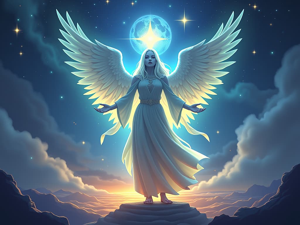  ethereal being radiating light, glowing symbols of power, standing firm in a celestial landscape, aura of respect. the style is digital art illustration,highly detailed, whimsical,magical, dreamlike atmosphere, realism and fantasy blend, smooth, glossy textures,luminous quality, wonder and enchantment.