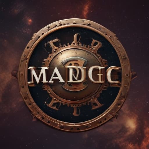 Make me a logo that represents MADgic in Steampunk style with Space background