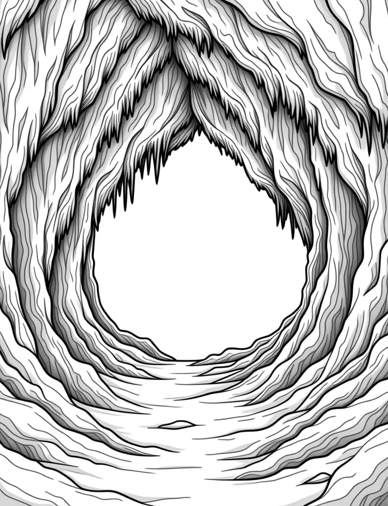  this is for an adult coloring page. a detailed black and white line art of a snowy ice cave with icicles hanging from the ceiling on a solid white background.