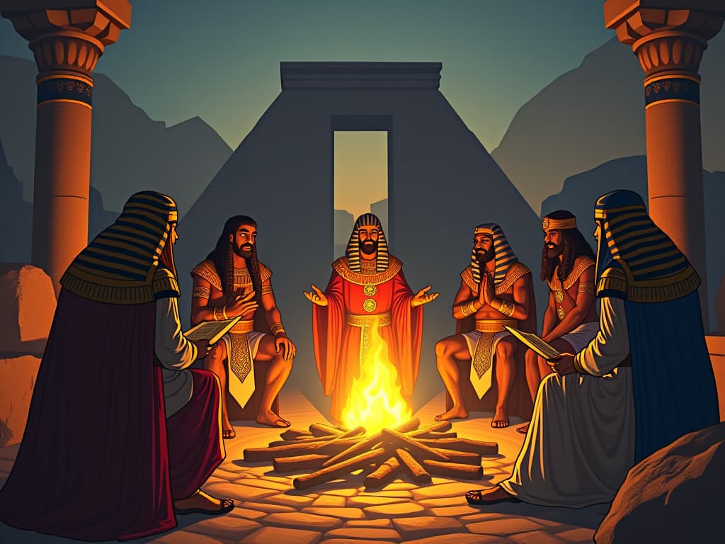  a group of figures animatedly debating around a fire, set amidst ancient ruins, mood of speculative curiosity and scholarly debate. the style is digital art illustration / modern comic book / mysterious occult, symbolic, esoteric vibe,high detail on character design, incorporating ancient egyptian symbology and attire.