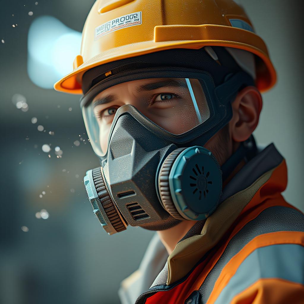  professional construction worker wearing a high grade dust mask, surrounded by lot of floating particles of glass wool dust in a construction site, high quality, high details, hd, perfect composition, 4k epic detailed, highly detailed, sharp focus, high resolution