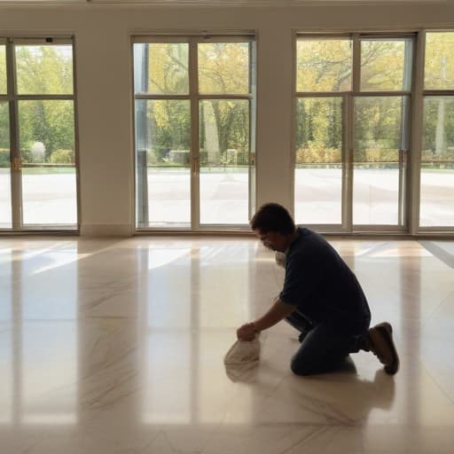 A photo of a skilled craftsman meticulously installing a pristine white marble flooring in a spacious, sunlit living room during the late afternoon, casting soft golden hues through the floor-to-ceiling windows, creating a warm and inviting atmosphere.