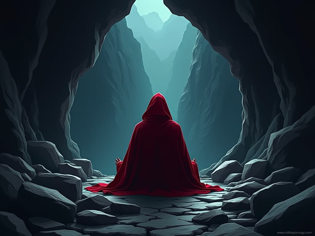  red robed hermit meditating, rugged mountain cave, dim light filtering in, aura of tranquility. the style is digital art illustration / modern comic book / graphic dark novel fantasy and mysterious occult, symbolic, moody lighting, esoteric vibe,high detail on character design. for the color scheme emphasize blacks and reds.