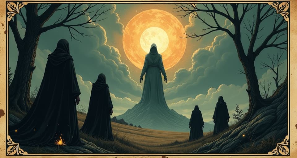  shadowy figures in the background, observing the radiant, elevated figure from a distance, somber, distant. an illustration in the style of a worn, mystical old tarot trump card, mysterious and elements of surrealism. the colors are muted, somber and eerie, but with contrast bring out an occult and esoteric vibe.