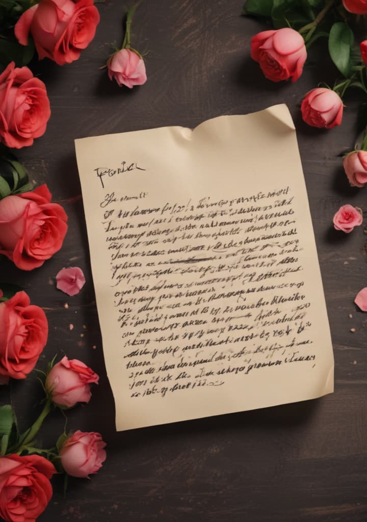 Craft a love letter themed wallpaper with handwritten notes and roses. highly detailed,studio lighting,professional,vivid colors, cinematic lighting, HDR, UHD, 4K, 8k, 64K