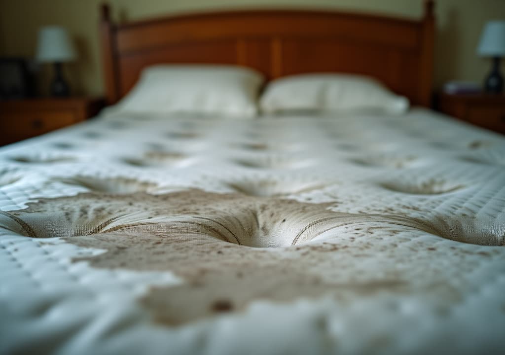  close up of moldy mattress in bedroom, highlighting health hazards, mold, mattress, bedroom, indoor, home, room, unhealthy