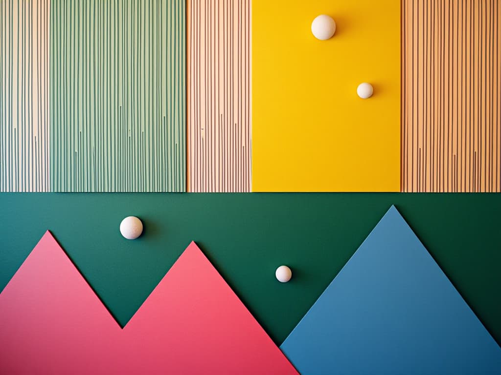  modern, abstract art piece featuring a combination of vertical lines and geometric shapes. the layout includes a series of vertical, multicolored lines that create a sense of depth and texture. the background consists of a gradient of green and yellow hues, resembling a field, with white spherical shapes distributed throughout, adding a three dimensional effect. in the foreground, there are pink and blue triangular forms that appear to be rising from the bottom, contributing to the layered composition. the overall style is contemporary and visually dynamic, with a focus on color contrast and spatial arrangement.