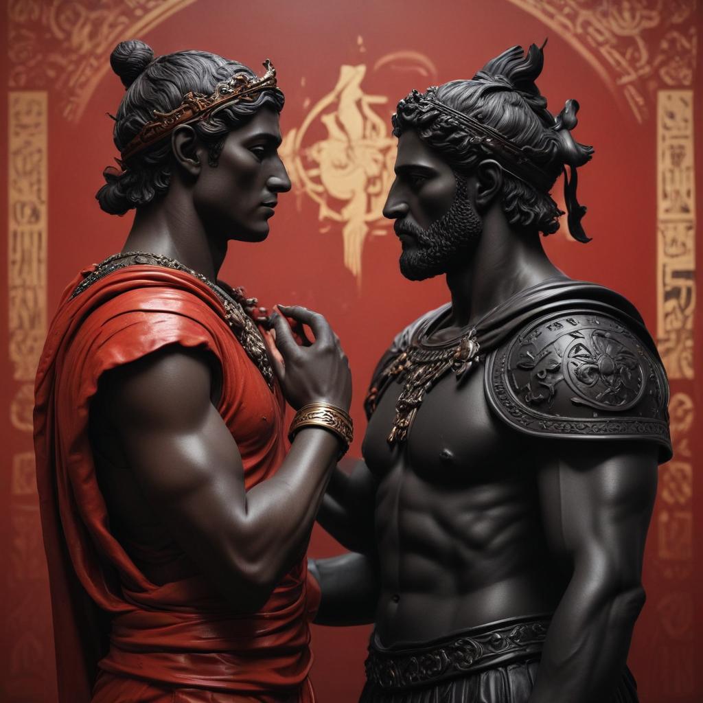 A powerful testament to compassion in the face of tragedy, as Priam and Achilles' echoes linger. Show the lingering impact of their meeting, emphasizing the lasting legacy of empathy and connection in the midst of loss and conflict, with a focus on the transformative nature of compassion."in the style of classical Greek pottery art, with intricate black figures on a red background, depicting mythological scenes with a focus on gods and heroes, using a limited color palette of red, black, and white"This image is a breathtaking painting that captures the magical scene with vivid detail. The overall composition is spellbinding, showcasing a perfect harmony. photorealism fantasy, unreal engine 5, concept hyperrealistic, full body, detailed clothing, highly detailed, cinematic lighting, stunningly beautiful, intricate, sharp focus, f/1. 8, 85mm, (centered image composition), (professionally color graded), ((bright soft diffused light)), volumetric fog, trending on instagram, trending on tumblr, HDR 4K, 8K