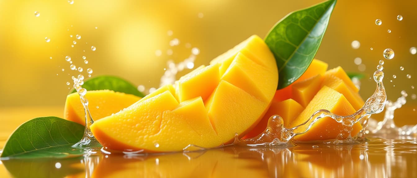  mango splash: a vibrant burst of juicy mango slices, leaves, and water droplets creates a refreshing, tropical scene. the golden hues and dynamic composition evoke a sense of summery delight., high quality, high details, hd, perfect composition, 4k epic detailed, highly detailed, sharp focus, high resolution