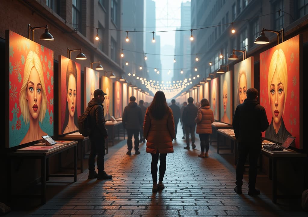  a dynamic scene showcasing a toronto art fair in the distillery district, featuring local artists displaying their vibrant paintings, street performers entertaining a lively crowd, and visitors engaging in conversations about art, creating an atmosphere filled with creativity and community spirit. hyperrealistic, full body, detailed clothing, highly detailed, cinematic lighting, stunningly beautiful, intricate, sharp focus, f/1. 8, 85mm, (centered image composition), (professionally color graded), ((bright soft diffused light)), volumetric fog, trending on instagram, trending on tumblr, HDR 4K, 8K