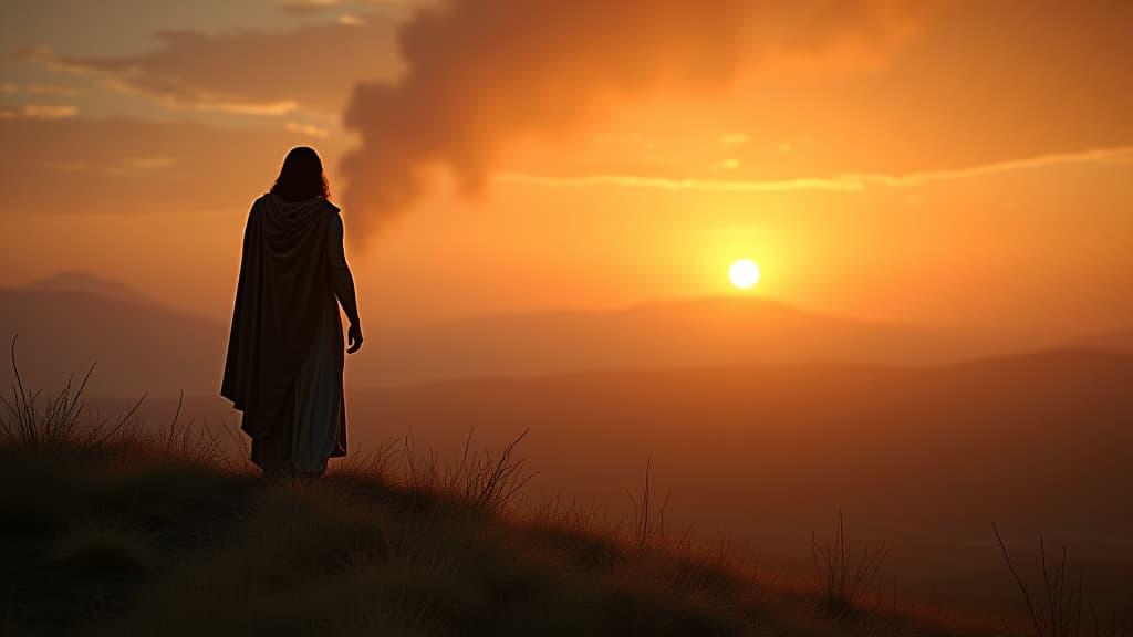  history of biblical times, abraham standing on a hill, watching the destruction of sodom and gomorrah from afar. hyperrealistic, full body, detailed clothing, highly detailed, cinematic lighting, stunningly beautiful, intricate, sharp focus, f/1. 8, 85mm, (centered image composition), (professionally color graded), ((bright soft diffused light)), volumetric fog, trending on instagram, trending on tumblr, HDR 4K, 8K