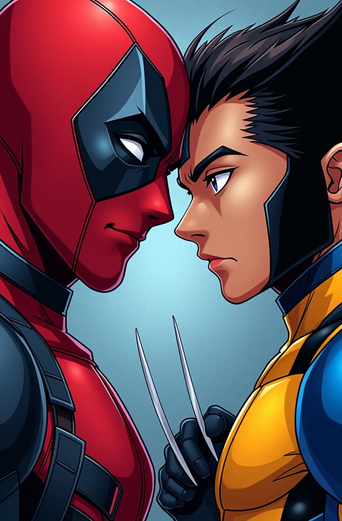  deadpool and wolverine, ilustracion personaje, hd, full color, vector, anime, marvel comic panel, dc animated comic panel, comic panel, manga and manhwa style panel, portrait, young person face, style for marvel comic, anime comic panel style hyperrealistic, full body, detailed clothing, highly detailed, cinematic lighting, stunningly beautiful, intricate, sharp focus, f/1. 8, 85mm, (centered image composition), (professionally color graded), ((bright soft diffused light)), volumetric fog, trending on instagram, trending on tumblr, HDR 4K, 8K