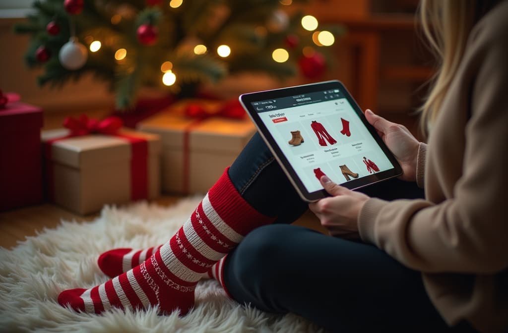  professional detailed photography, woman wearing striped red and white socks, with a tablet sitting on the floor near the christmas tree, holding a tablet displaying an online store, a few wrapped gifts beside her, style cozy, homey; premium camera, soft bokeh, warm color palette, wide aperture , (muted colors, dim colors, soothing tones), (vsco:0.3)