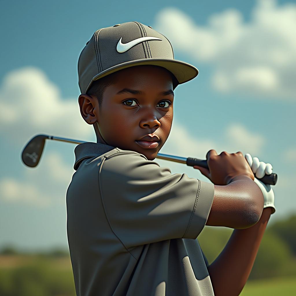  high resolution ultra realistic image of an african kid playing golf, realistic, portrait, art by donato giancola and greg rutkowski, realistic face, digital art, trending on artstation hyperrealistic, full body, detailed clothing, highly detailed, cinematic lighting, stunningly beautiful, intricate, sharp focus, f/1. 8, 85mm, (centered image composition), (professionally color graded), ((bright soft diffused light)), volumetric fog, trending on instagram, trending on tumblr, HDR 4K, 8K