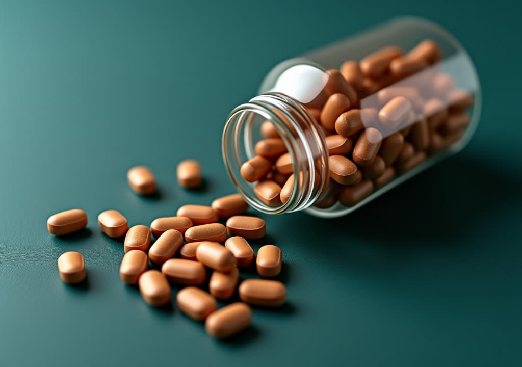  a glass bottle filled with brown pills on a dark teal surface