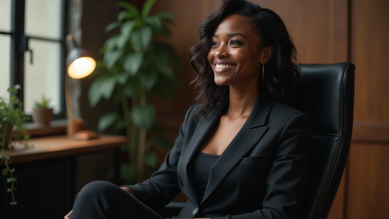  the exact same beautiful black woman. she's in a youtube studio setting sitting in a chair. she's wearing an all black tight business outfit. she's very happy and looking to the side., high quality, high details, hd, perfect composition, 4k epic detailed, highly detailed, sharp focus, high resolution