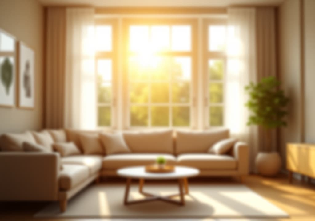  living room at home with morning sunlight at big window for background usage. blur interior background concept. white, britht tone