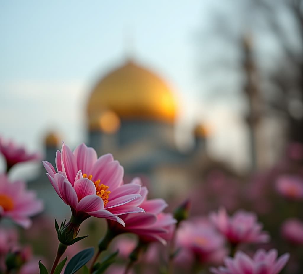  golden dome mosque with floral foreground and bokeh background.