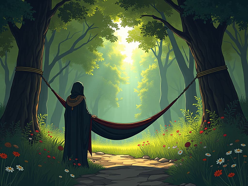  a lush, secluded forest clearing, sunlight filtering through the trees, wildflowers in bloom, an inviting hammock, ambiance of quietude and refuge in nature. the style is digital art illustration / modern comic book / mysterious occult, symbolic, esoteric vibe,high detail on character design, incorporating ancient egyptian symbology and attire.