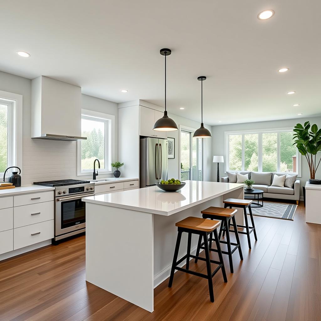  a spacious and modern open plan kitchen with sleek white cabinetry, a large central island with bar stools, stainless steel appliances, and pendant lighting. large windows allow abundant natural light to flood in, highlighting the polished quartz countertops and hardwood flooring. the kitchen seamlessly flows into the living area, with a cozy seating arrangement and stylish decor.