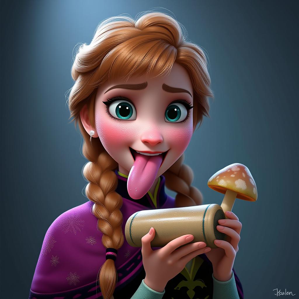  beautiful anna from frozen sticking her large flat tongue fully out, covered in sweat, holding a tan colored cylinder with a mushroom at the end, award winning, professional, highly detailed, masterpiece