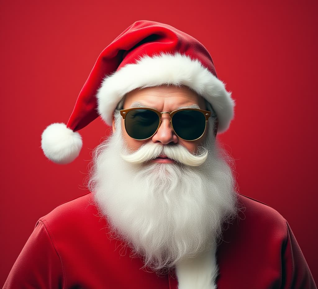  merry christmas holiday vacation winter greeting card cool hipster santa claus with sunglasses, isolated on red background