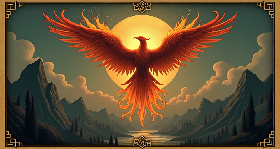  phoenix hovering over landscape, exuding power, aura of resilience, cosmic energy, flames wreathing its form. an illustration in the style of a worn, mystical old tarot trump card, mysterious and elements of surrealism. the colors are muted, somber and eerie, but with contrast bring out an occult and esoteric vibe.