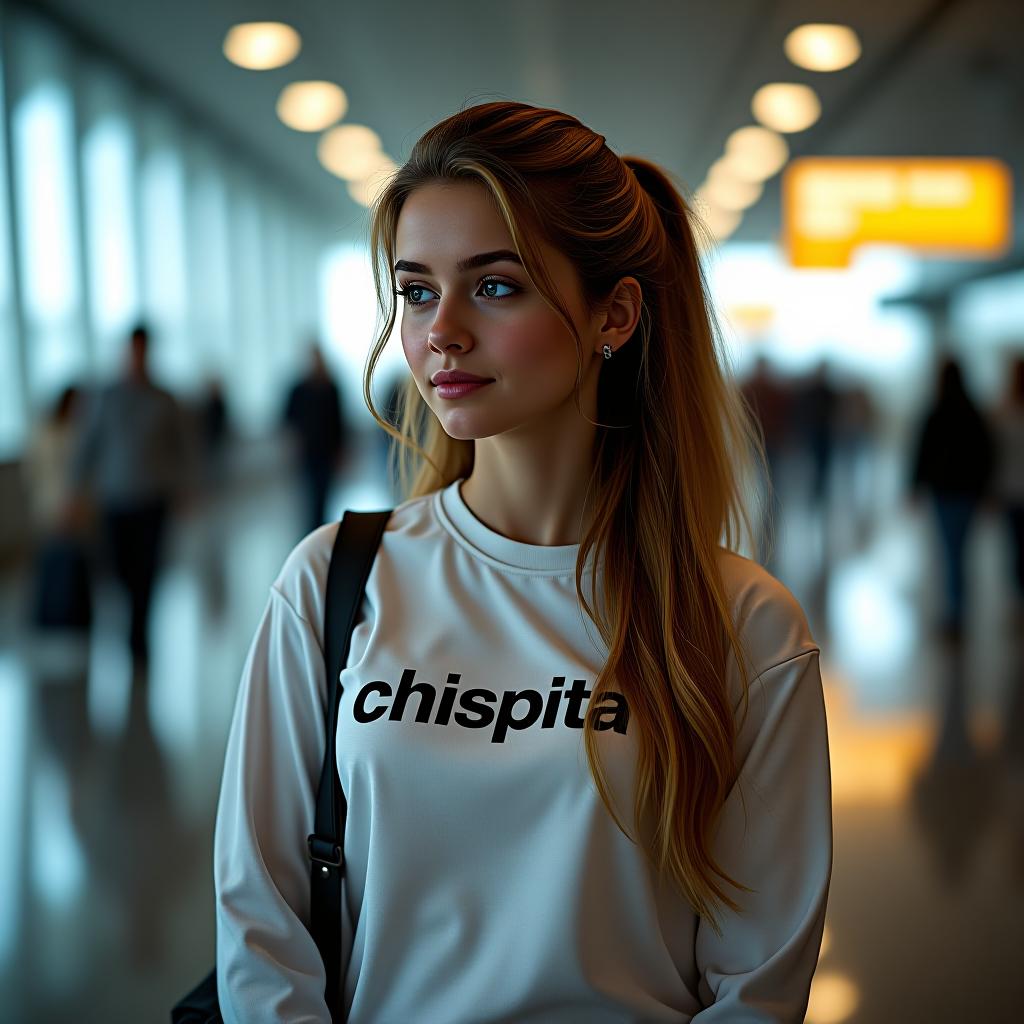  a photo of a person with a girl in an airport and on her shirt says the text chispita hyperrealistic, full body, detailed clothing, highly detailed, cinematic lighting, stunningly beautiful, intricate, sharp focus, f/1. 8, 85mm, (centered image composition), (professionally color graded), ((bright soft diffused light)), volumetric fog, trending on instagram, trending on tumblr, HDR 4K, 8K