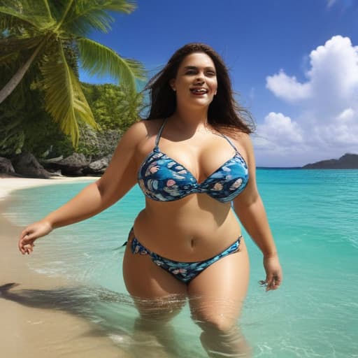 Generate a fat woman in bikini swiming in beautiful Islands