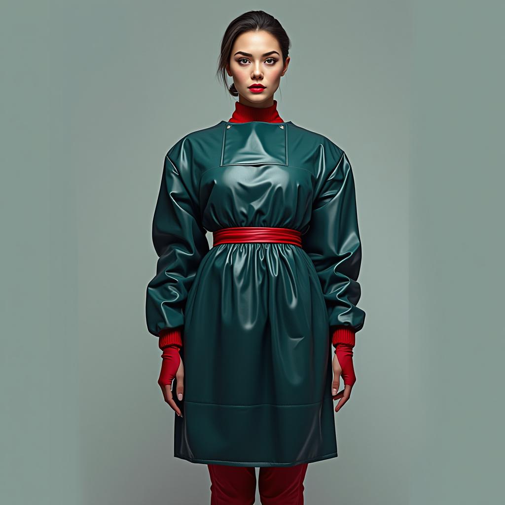  "hyperdetalisation, woman, mistress surgeon, made of glossy latex, standing alone, full length, front view, full face, dressed in, surgical gown, knee length, with an elastic waistband, long sleeves, with elastic cuffs, the upper part of the surgical gown, (from the collar to the waist), glossy latex of dark green color, belt at the waist, glossy latex of red color, the lower part of the surgical gown, (from the hem to the waist), glossy latex of dark blue color, the upper part of the sleeve, (from the shoulder to the elbow), glossy latex of dark blue color, the lower part of the sleeve, (from the elbow to cuffs), glossy latex of dark green color, sleeve cuffs, glossy latex of red color, (bib with collar), made of glossy latex of dark blue 