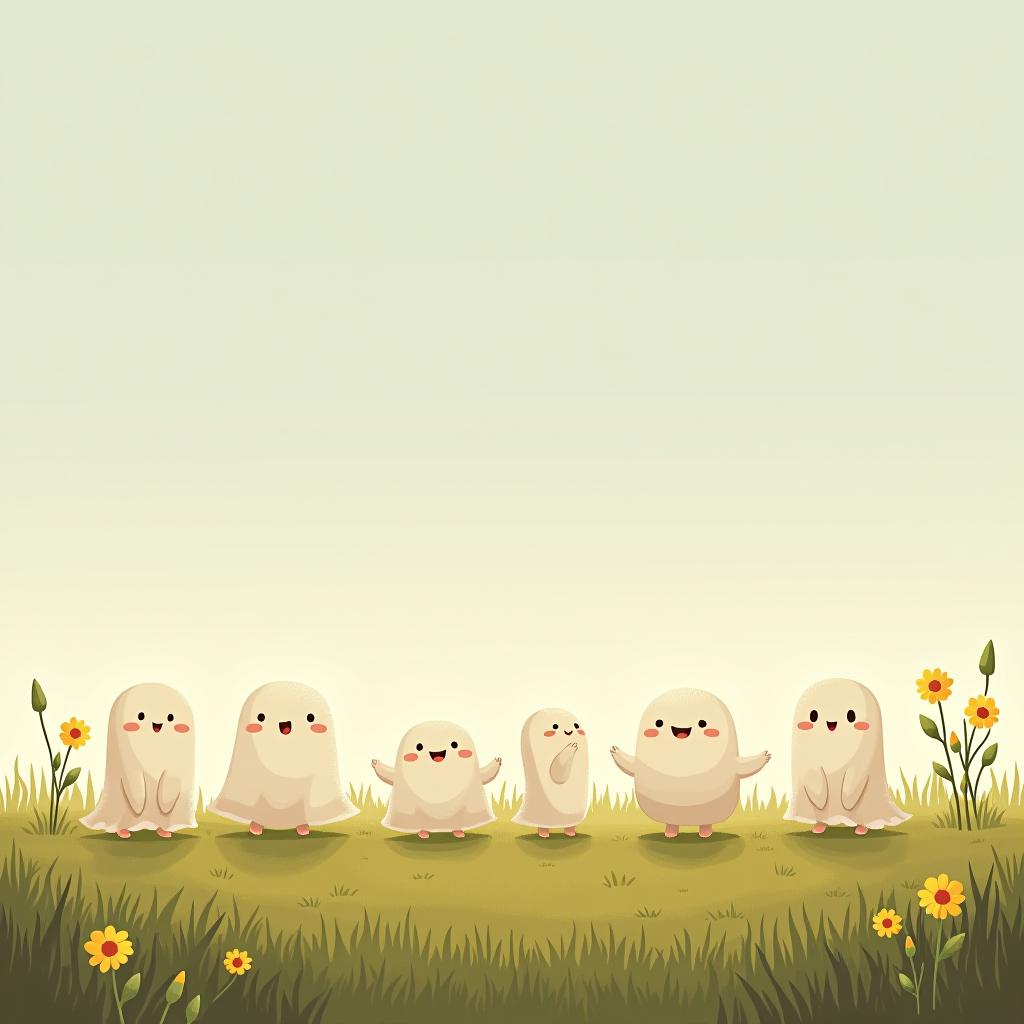  create a digital illustration featuring a row of four or five cute, cartoonish ghost characters, each with a different appearance, standing in different positions within sparse, life like wildflowers.