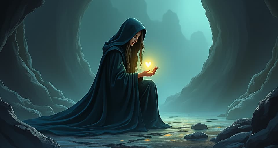  ethereal sorceress in flowing dark robes, kneeling yet unbowed, surrounded by crumbling rocks. soft light emanating from her heart, soft, determined, powerful.. the style is digital art illustration,highly detailed, whimsical,magical, dreamlike atmosphere, realism and fantasy blend, smooth, glossy textures,luminous quality, wonder and enchantment.