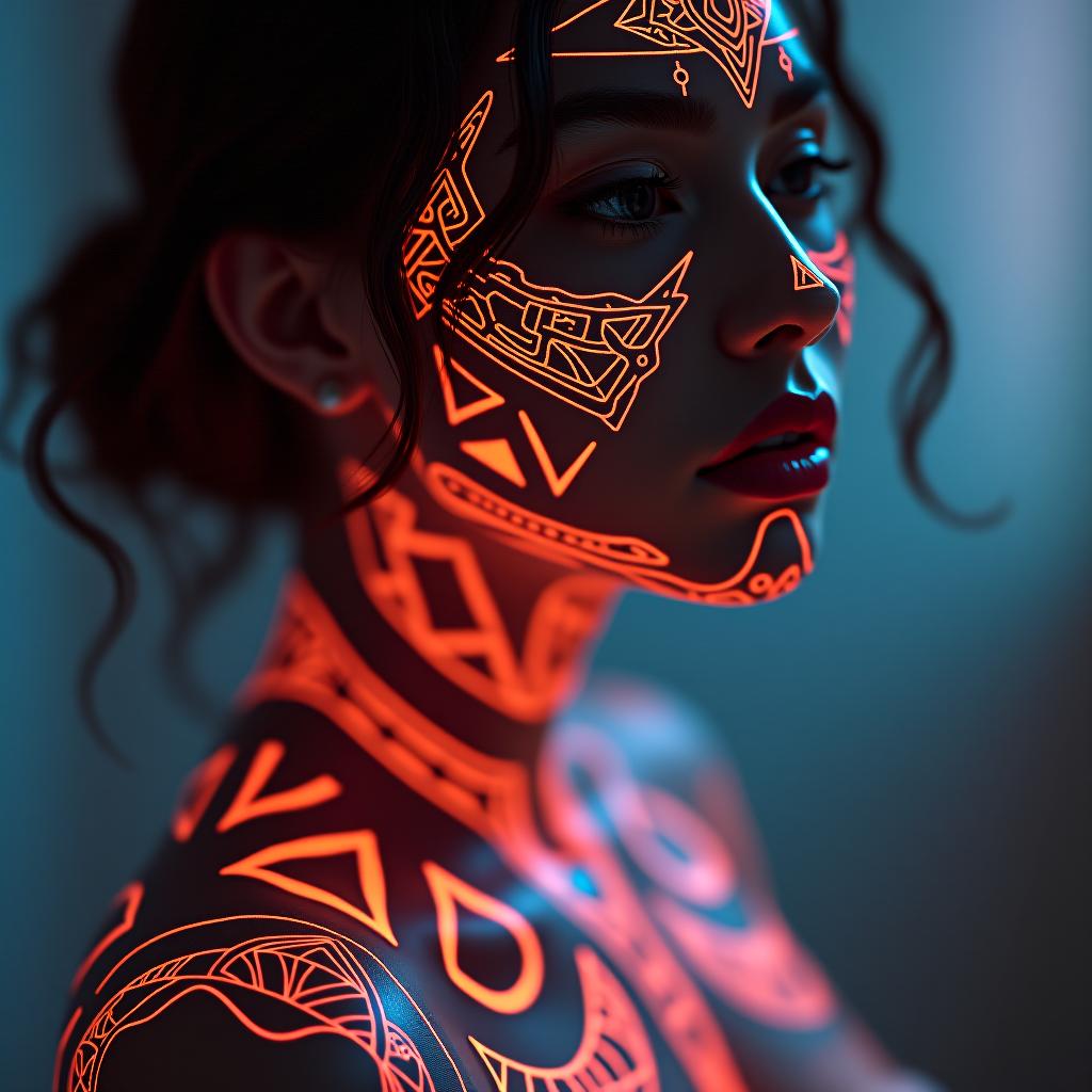  "enigmatic oracle": a stunning, close up shot of a woman with geometric cyber tattoos illuminating her face and naked body in an enigmatic pattern that tells an unspoken story. an explosion of mystique, the scene was captured with a fujifilm x t4 and a 110mm f/2 lens, creating a magnetic sphere of enchantment and symbolism. hyperrealistic, full body, detailed clothing, highly detailed, cinematic lighting, stunningly beautiful, intricate, sharp focus, f/1. 8, 85mm, (centered image composition), (professionally color graded), ((bright soft diffused light)), volumetric fog, trending on instagram, trending on tumblr, HDR 4K, 8K